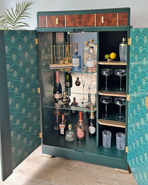 Large Art Deco Walnut Drinks Cocktail Gin Wine Bar Cabinet in Green & Gold - MADE TO ORDER