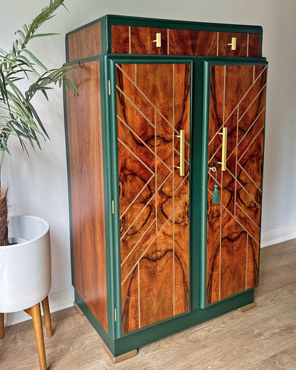 Large Art Deco Walnut Drinks Cocktail Gin Wine Bar Cabinet in Green & Gold - MADE TO ORDER