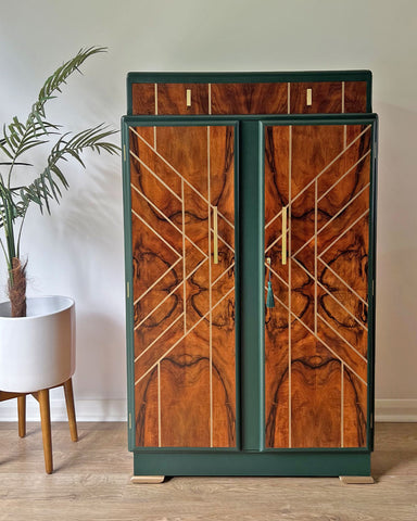 Large Art Deco Walnut Drinks Cocktail Gin Wine Bar Cabinet in Green & Gold - MADE TO ORDER