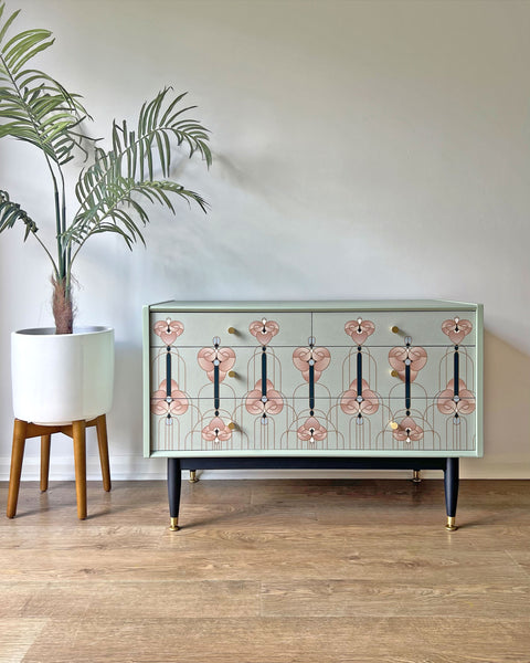 Sage Green Art Noveau Style Vintage Chest of Drawers Small TV Unit