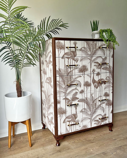Vintage Large Chest of Drawers Tallboy - Walnut & Divine Savages Crane Fonda