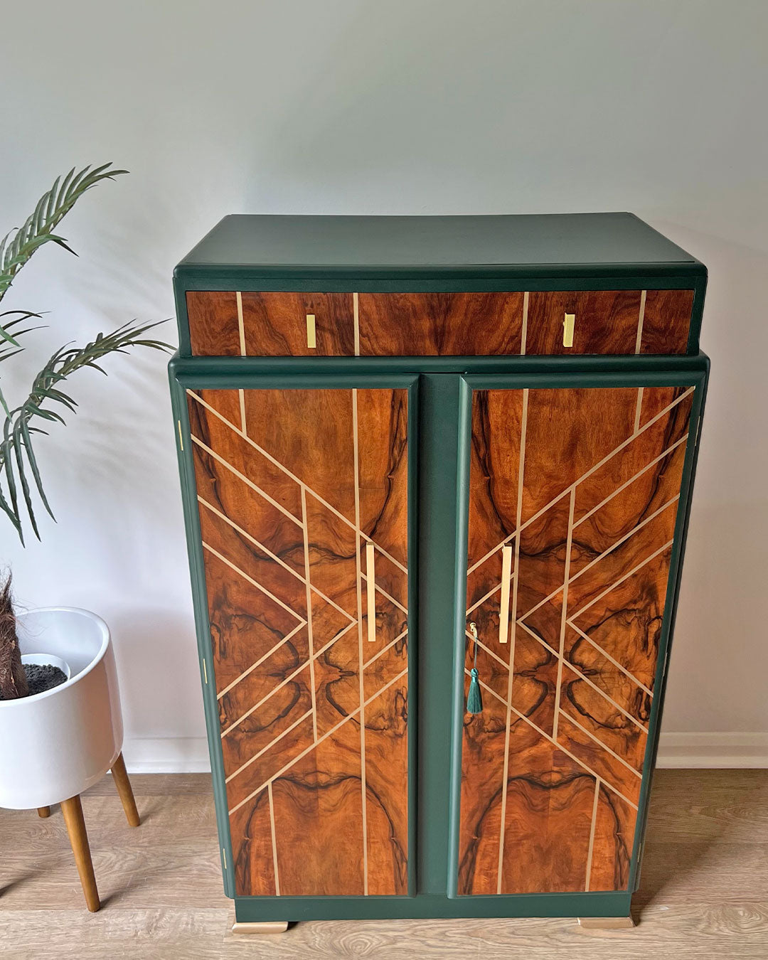Large Art Deco Walnut Drinks Cocktail Gin Wine Bar Cabinet in Green & Gold - *MADE TO ORDER*