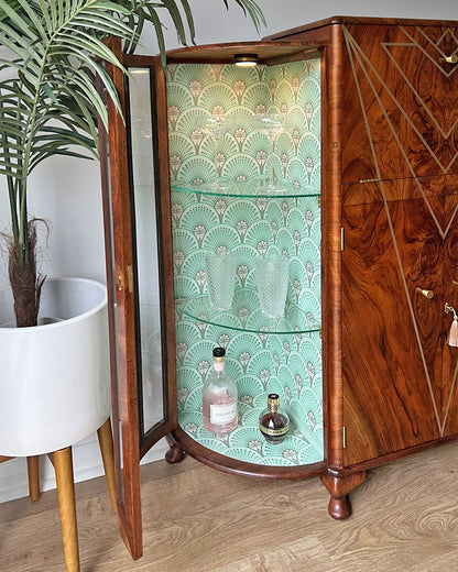 Art Deco Gatsby Walnut Geometric Drinks Display Cocktail Gin Wine Bar Cabinet