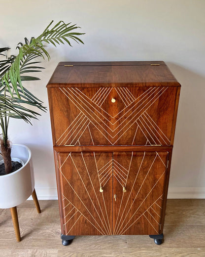 Gold Art Deco Walnut Drinks Cocktail Gin Wine Bar Cabinet - MADE TO ORDER