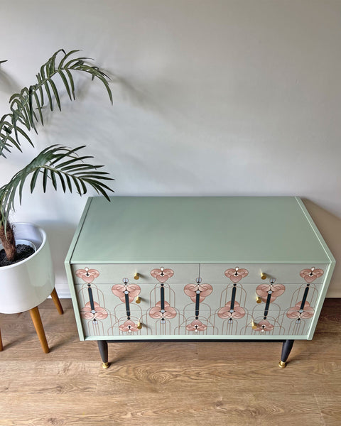 Sage Green Art Noveau Style Vintage Chest of Drawers Small TV Unit