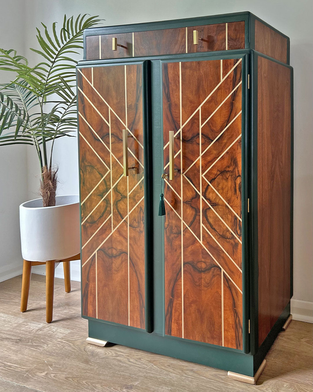 Large Art Deco Walnut Drinks Cocktail Gin Wine Bar Cabinet in Green & Gold - *MADE TO ORDER*