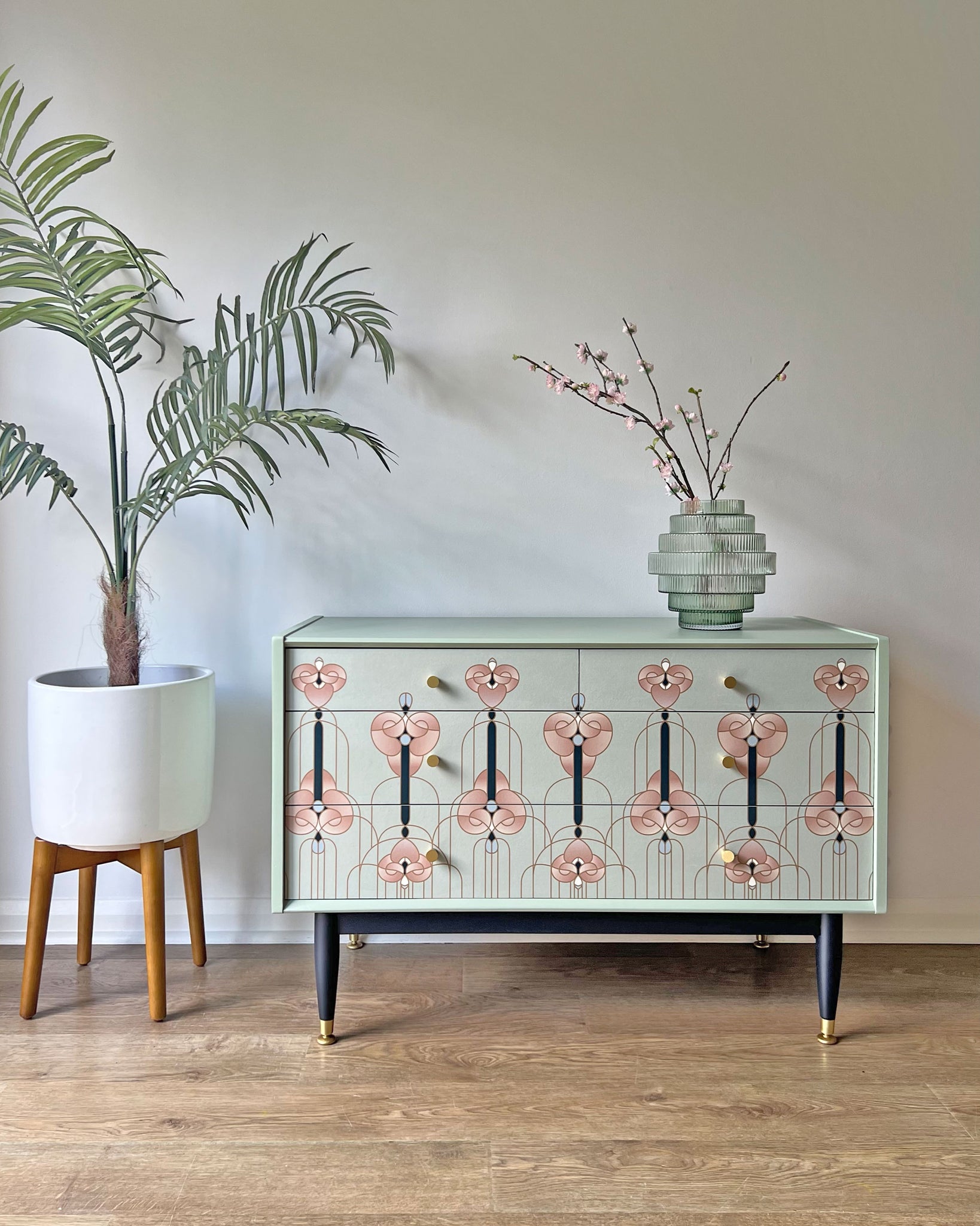 Sage Green Art Noveau Style Vintage Chest of Drawers Small TV Unit