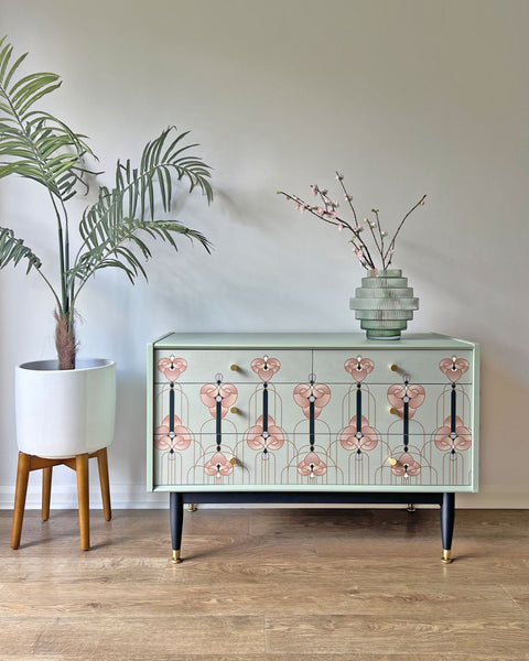 Sage Green Art Noveau Style Vintage Chest of Drawers Small TV Unit