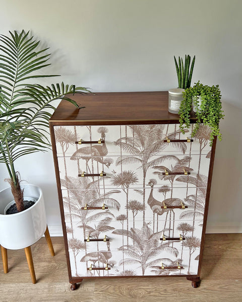 Vintage Large Chest of Drawers Tallboy - Walnut & Divine Savages Crane Fonda