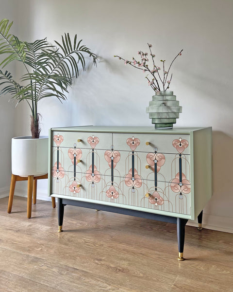 Sage Green Art Noveau Style Vintage Chest of Drawers Small TV Unit