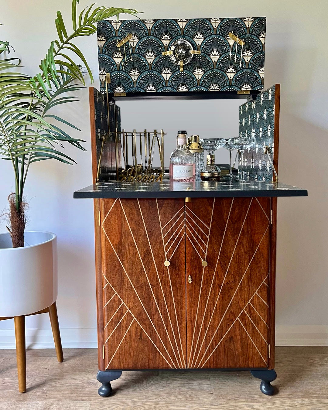 Gold Art Deco Walnut Drinks Cocktail Gin Wine Bar Cabinet - MADE TO ORDER