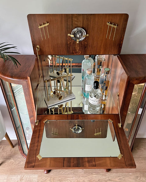 Art Deco Gatsby Walnut Geometric Drinks Display Cocktail Gin Wine Bar Cabinet