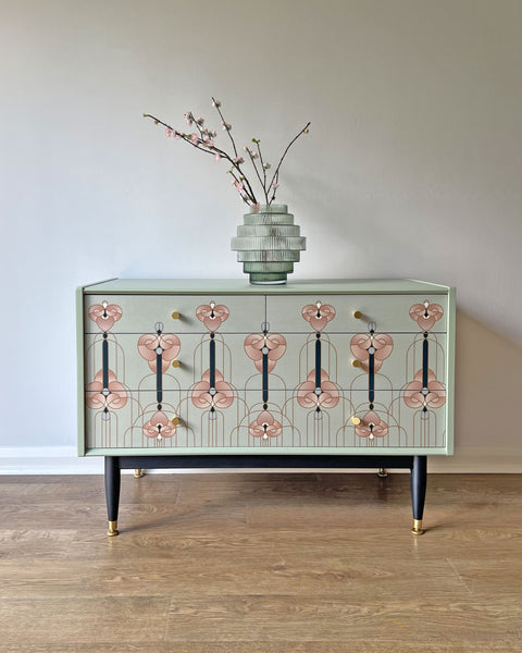 Sage Green Art Noveau Style Vintage Chest of Drawers Small TV Unit