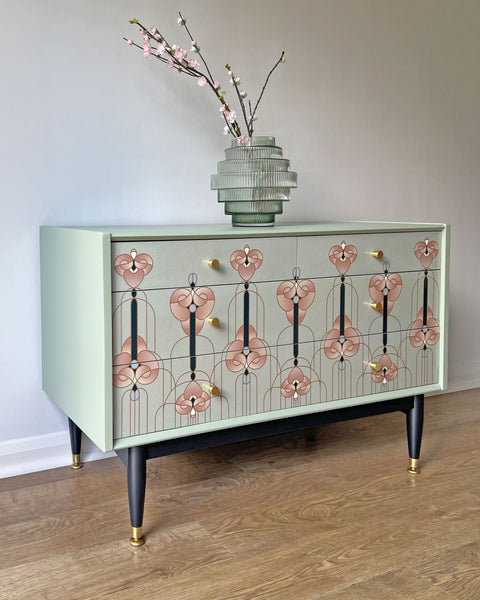 Sage Green Art Noveau Style Vintage Chest of Drawers Small TV Unit
