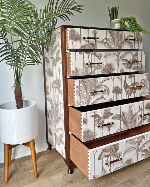 Vintage Large Chest of Drawers Tallboy - Walnut & Divine Savages Crane Fonda