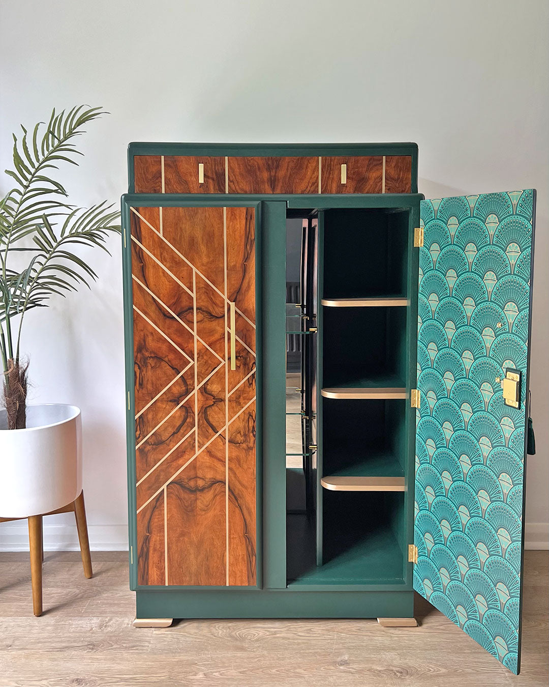 Large Art Deco Walnut Drinks Cocktail Gin Wine Bar Cabinet in Green & Gold - *MADE TO ORDER*