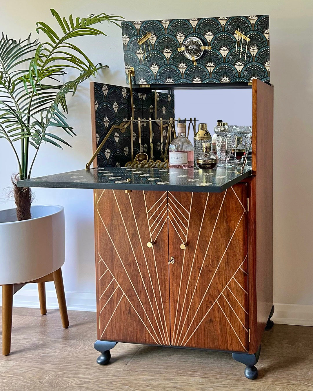 Gold Art Deco Walnut Drinks Cocktail Gin Wine Bar Cabinet - MADE TO ORDER