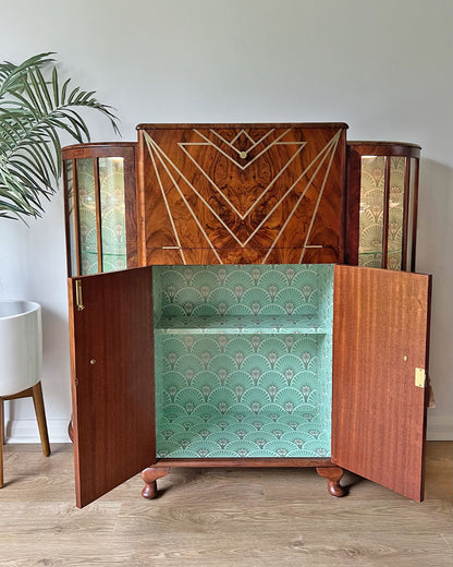 Art Deco Gatsby Walnut Geometric Drinks Display Cocktail Gin Wine Bar Cabinet