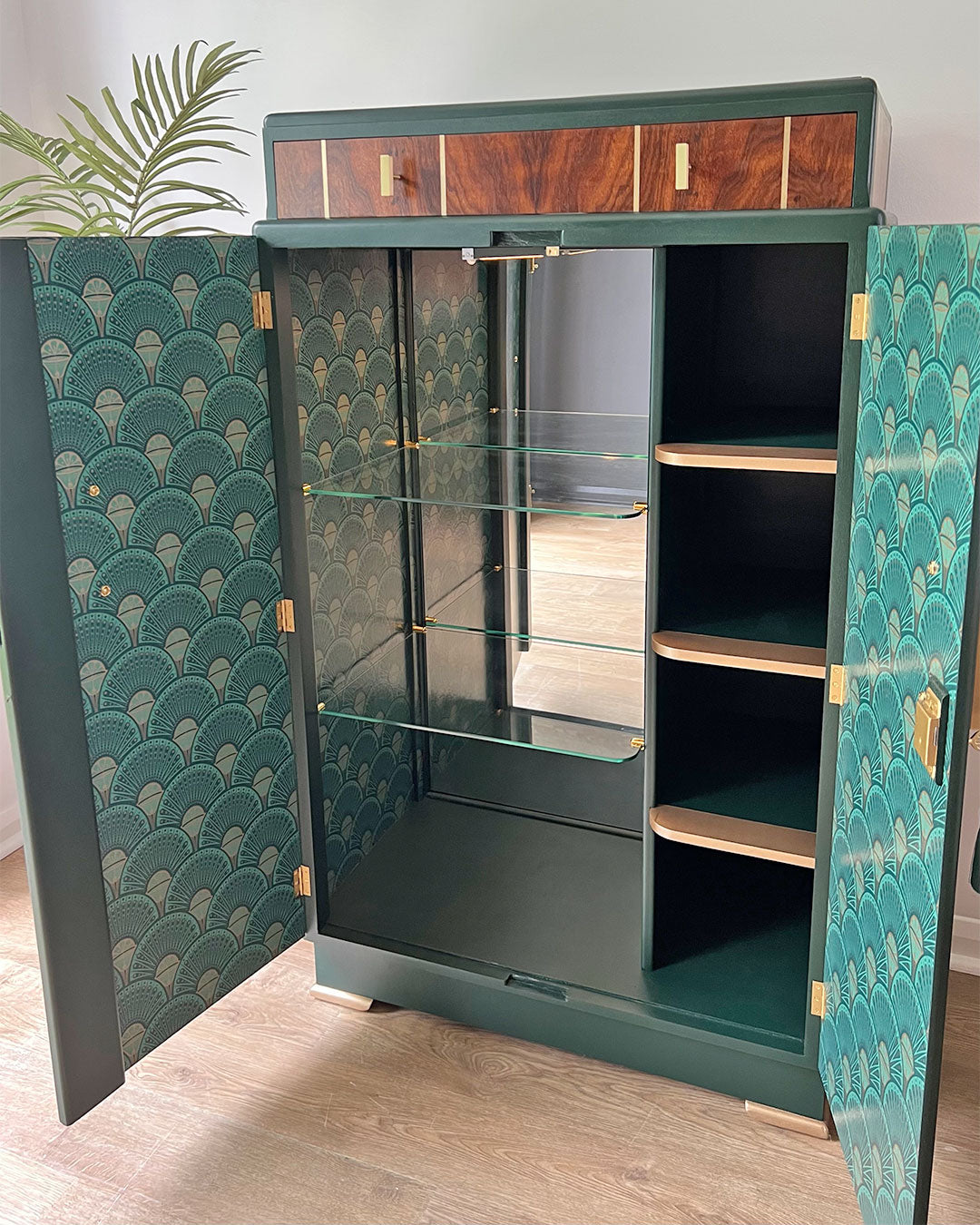 Large Art Deco Walnut Drinks Cocktail Gin Wine Bar Cabinet in Green & Gold - *MADE TO ORDER*