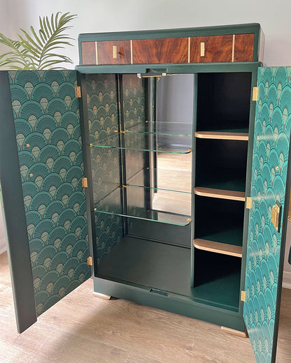 Large Art Deco Walnut Drinks Cocktail Gin Wine Bar Cabinet in Green & Gold - MADE TO ORDER