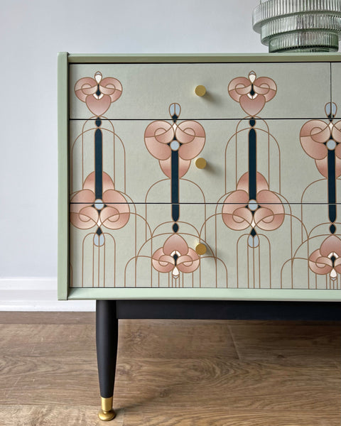 Sage Green Art Noveau Style Vintage Chest of Drawers Small TV Unit