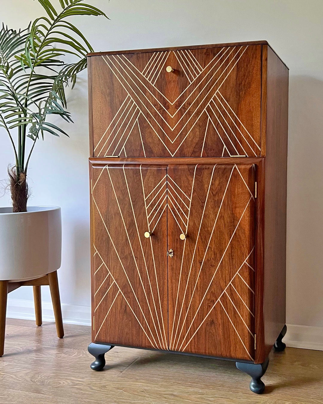 Gold Art Deco Walnut Drinks Cocktail Gin Wine Bar Cabinet - MADE TO ORDER