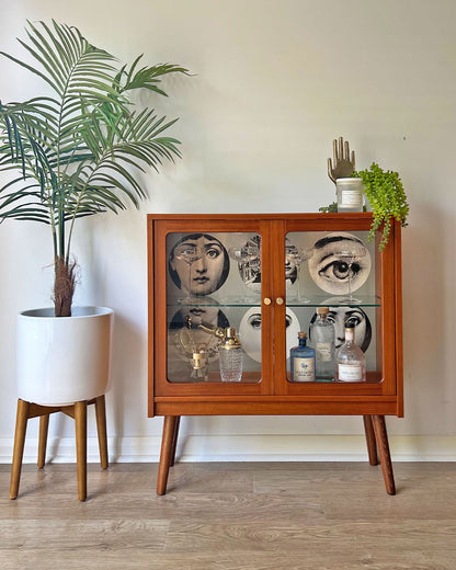 Vintage G Plan Teak Small Glass Fronted Display Drinks Cabinet Sideboard - Fornasetti Tema E Variazioni - *MADE TO ORDER*