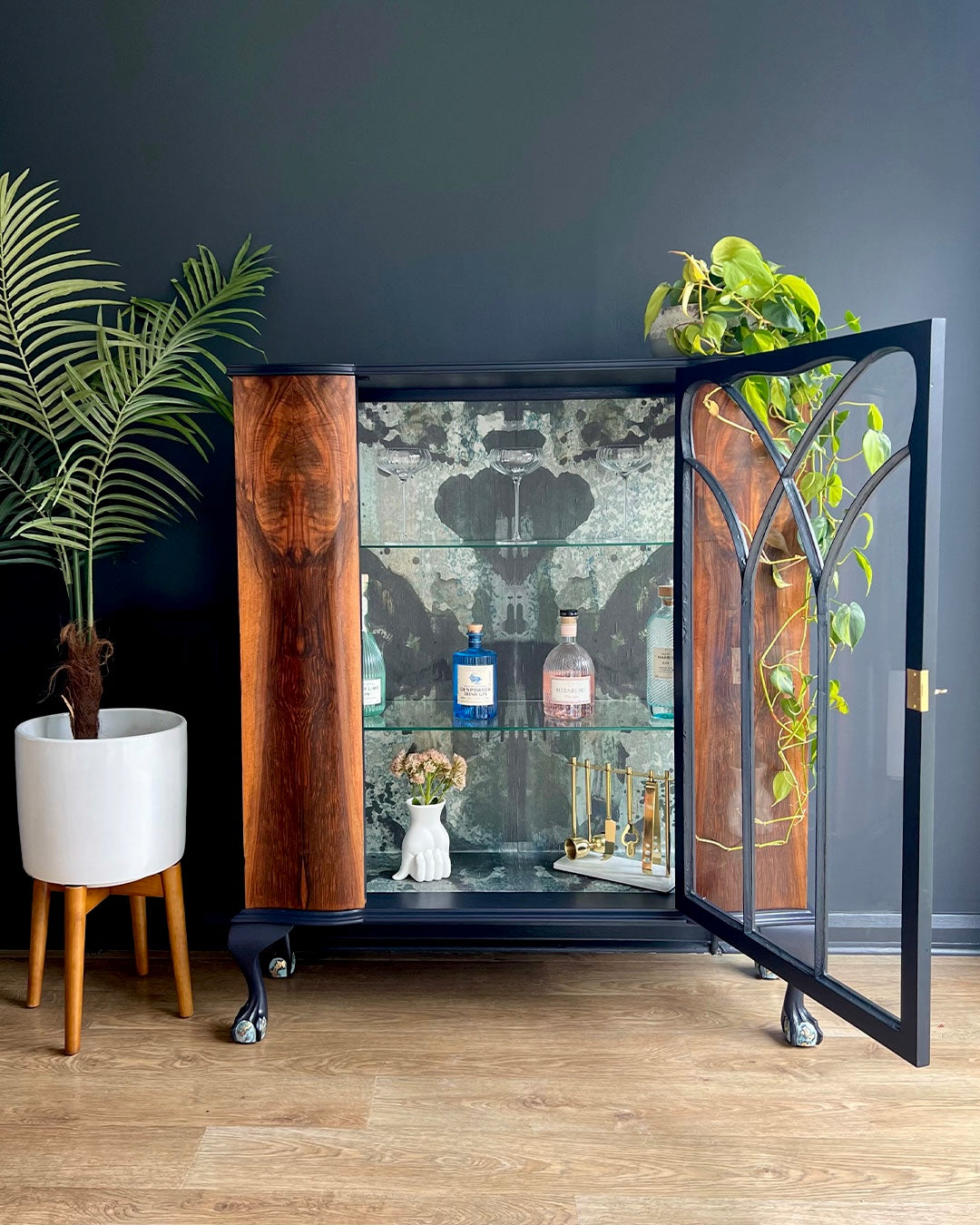 Large Vintage Walnut Display Glass Drinks Cabinet - Timorous Beasties Rorschach - ‘The Archivist’