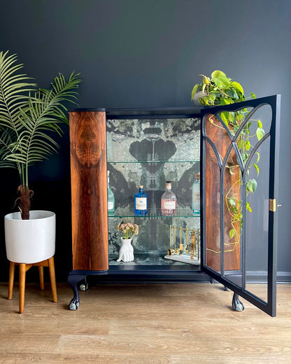 Large Vintage Walnut Display Glass Drinks Cabinet - Timorous Beasties Rorschach - ‘The Archivist’