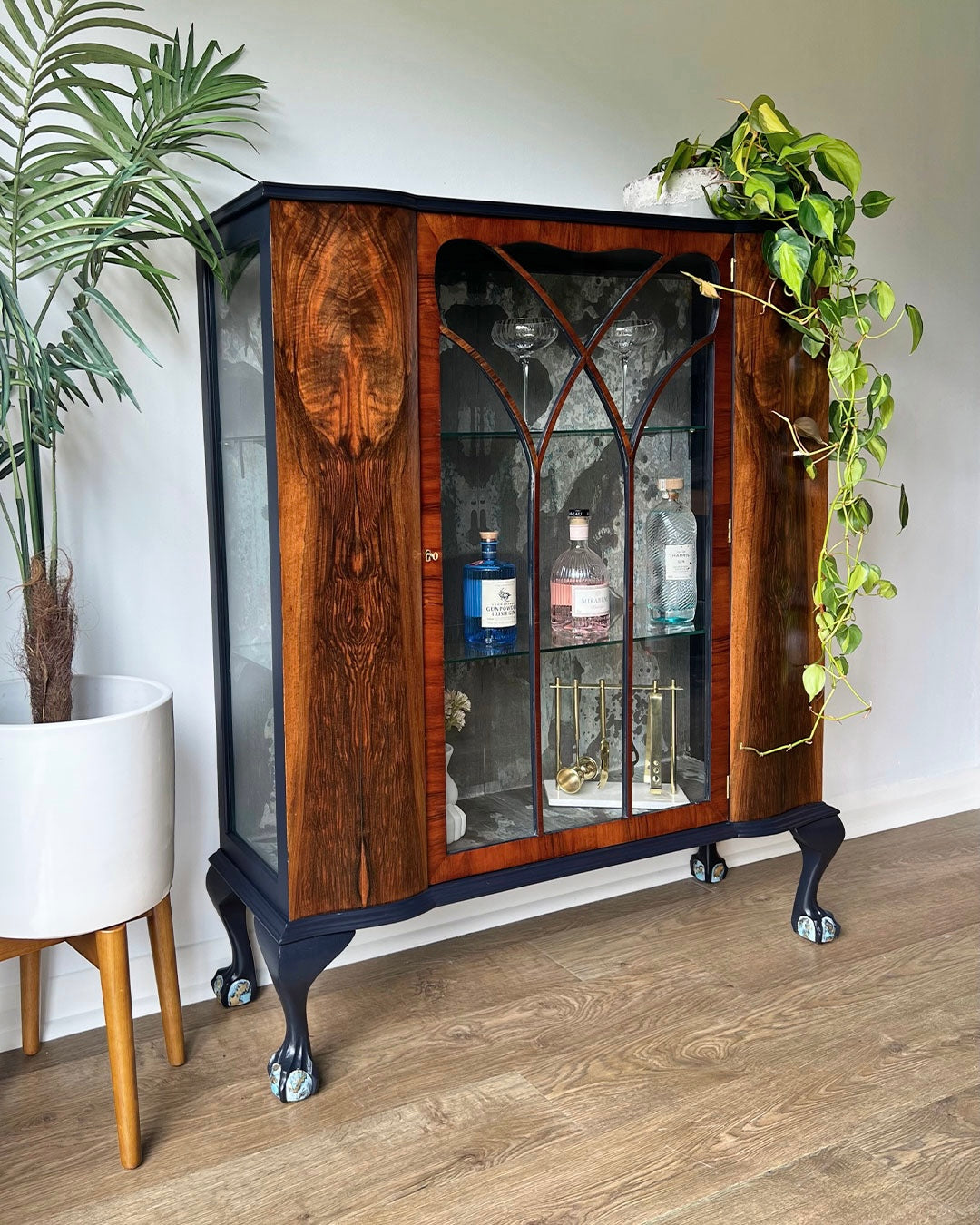 Large Vintage Walnut Display Glass Drinks Cabinet - Timorous Beasties Rorschach - ‘The Archivist’