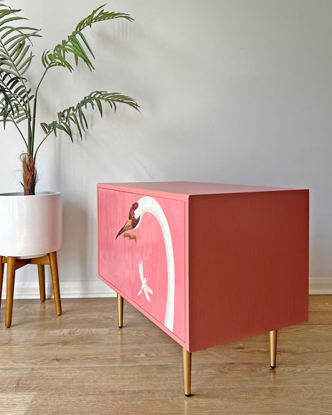 Gucci Pink Herons Vintage Mid-Century G Plan Fresco Small Sideboard Vinyl Cabinet TV Stand