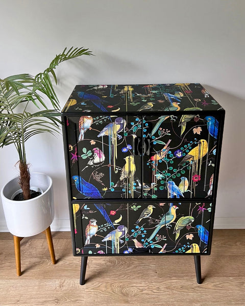 Vintage Mid Century G Plan Fresco Drinks Cocktail Cabinet - Christian Lacroix Birds Sinfonia - MADE TO ORDER