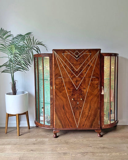 Art Deco Gatsby Walnut Geometric Drinks Display Cocktail Gin Wine Bar Cabinet