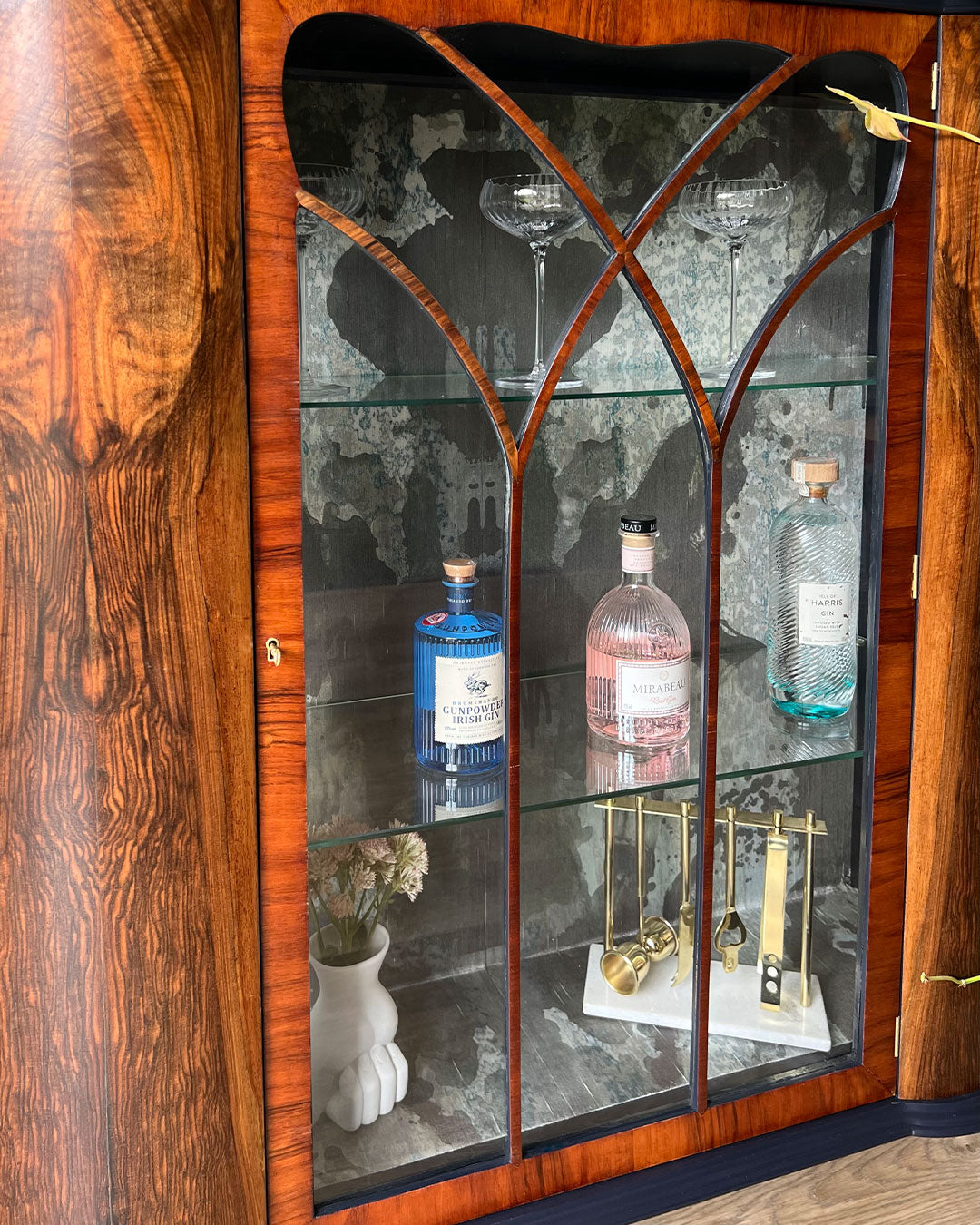 Large Vintage Walnut Display Glass Drinks Cabinet - Timorous Beasties Rorschach - ‘The Archivist’