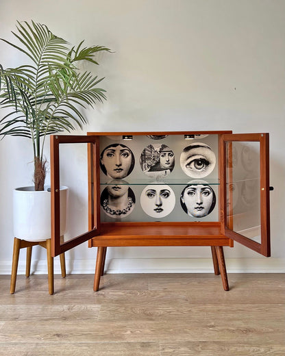 Vintage G Plan Teak Small Glass Fronted Display Drinks Cabinet Sideboard - Fornasetti Tema E Variazioni - *MADE TO ORDER*