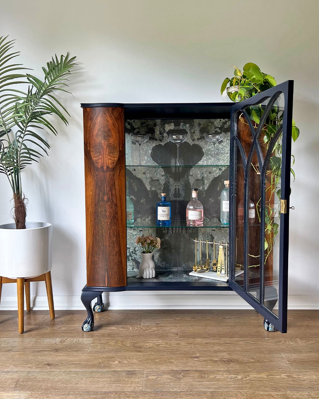 Large Vintage Walnut Display Glass Drinks Cabinet - Timorous Beasties Rorschach - ‘The Archivist’