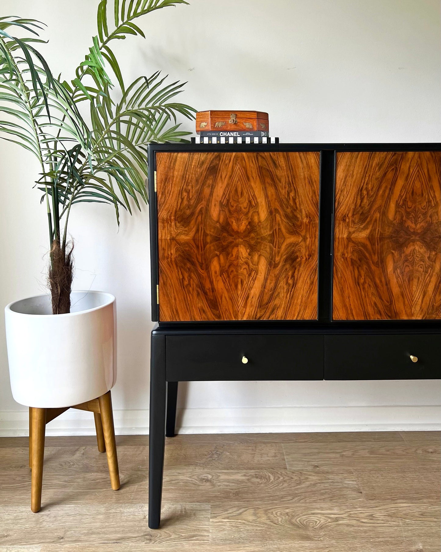 Vintage Mid Century Walnut Black & Brass Sideboard