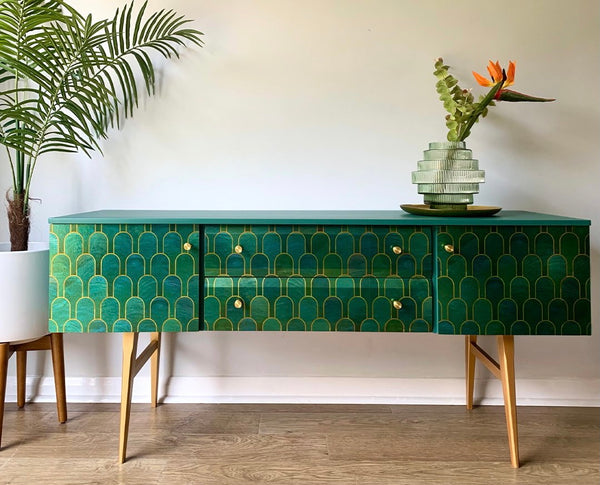 Vintage Green & Gold Sideboard TV Unit Cocktail Cabinet in Bethan Gray - MADE TO ORDER