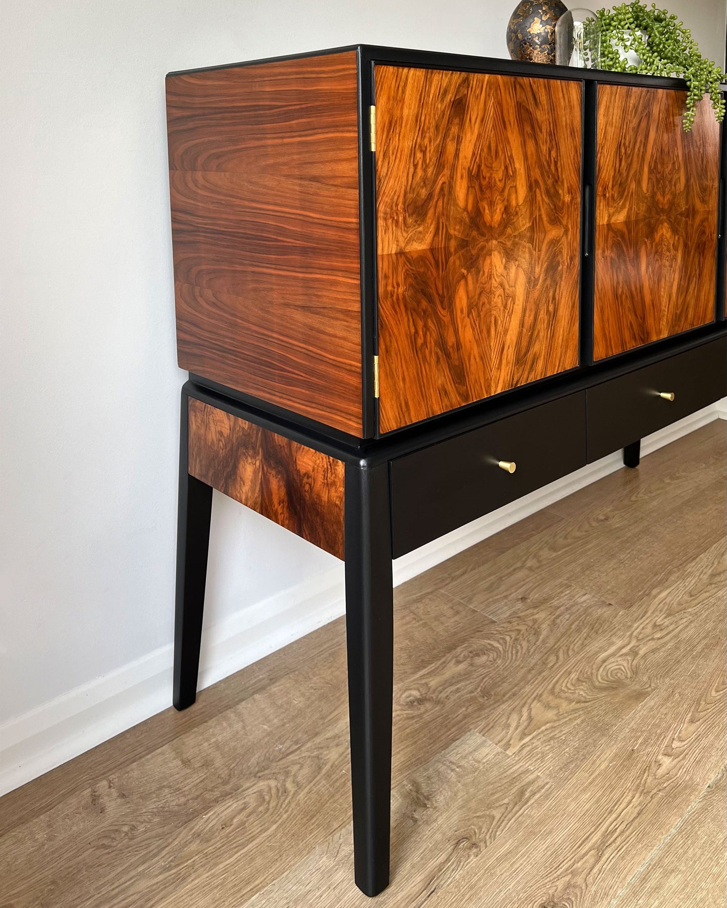 Vintage Mid Century Walnut Black & Brass Sideboard