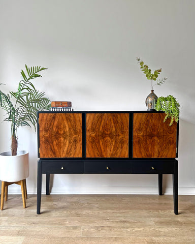 Vintage Mid Century Walnut Black & Brass Sideboard