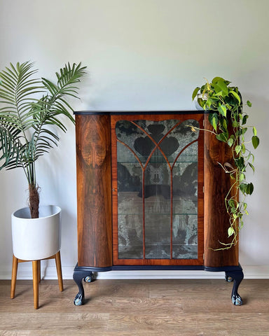 Large Vintage Walnut Display Glass Drinks Cabinet - Timorous Beasties Rorschach