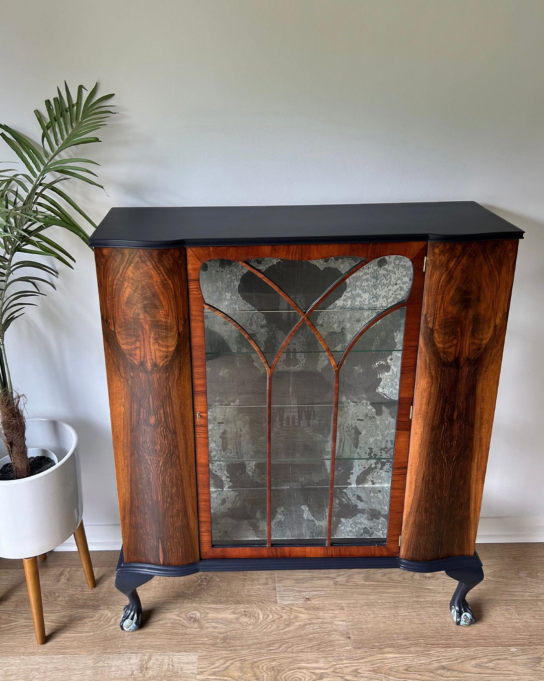 Large Vintage Walnut Display Glass Drinks Cabinet - Timorous Beasties Rorschach - ‘The Archivist’