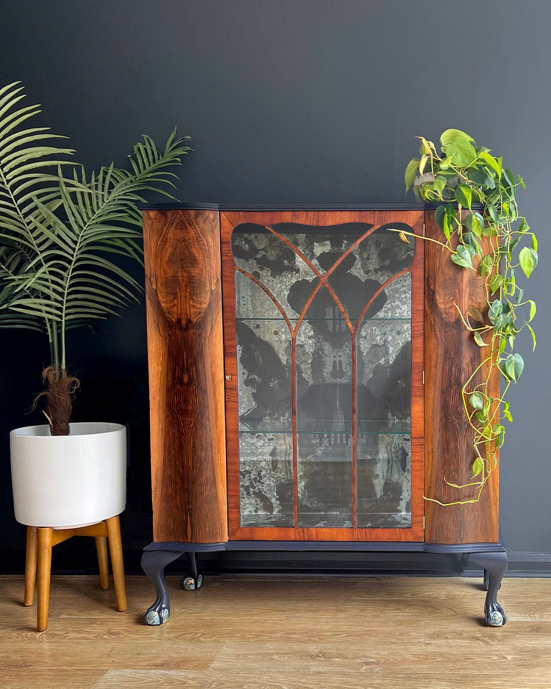 Large Vintage Walnut Display Glass Drinks Cabinet - Timorous Beasties Rorschach - ‘The Archivist’