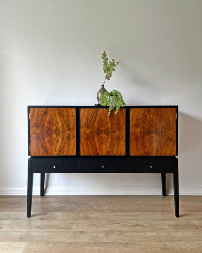 Vintage Mid Century Walnut Black & Brass Sideboard