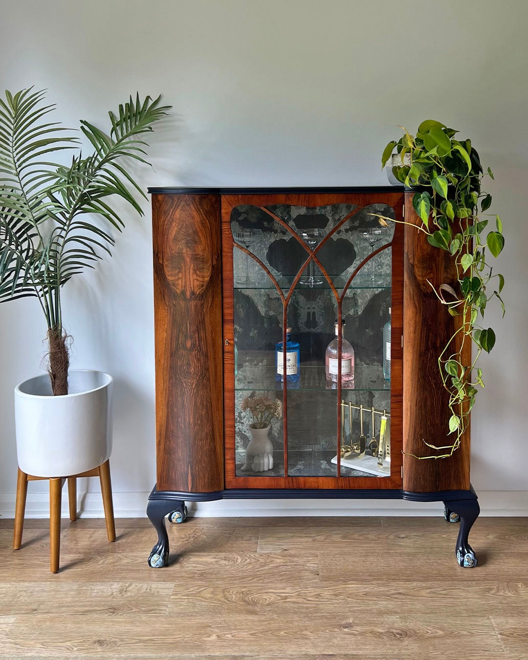 Large Vintage Walnut Display Glass Drinks Cabinet - Timorous Beasties Rorschach - ‘The Archivist’