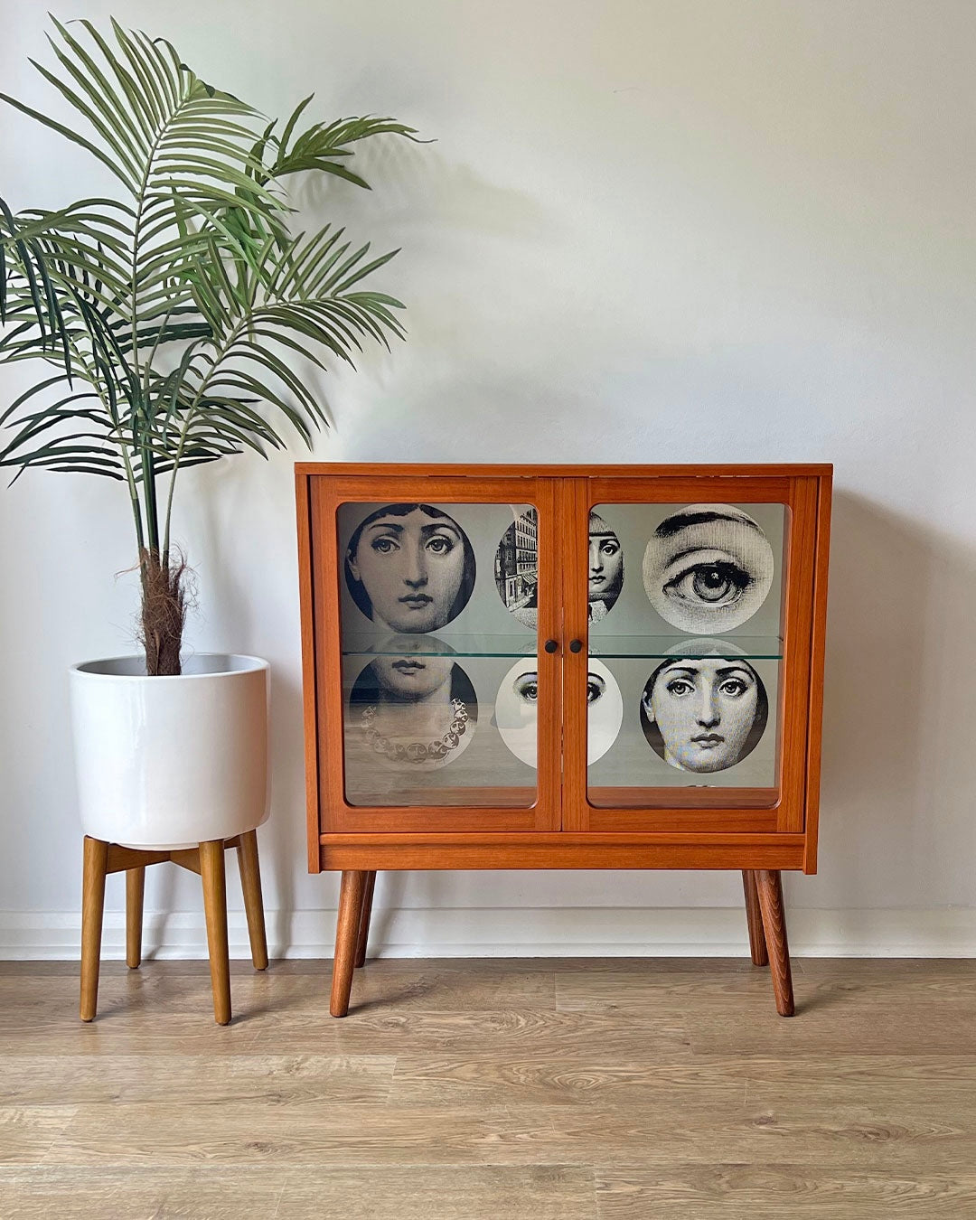 Vintage G Plan Teak Small Glass Fronted Display Drinks Cabinet Sideboard - Fornasetti Tema E Variazioni - *MADE TO ORDER*