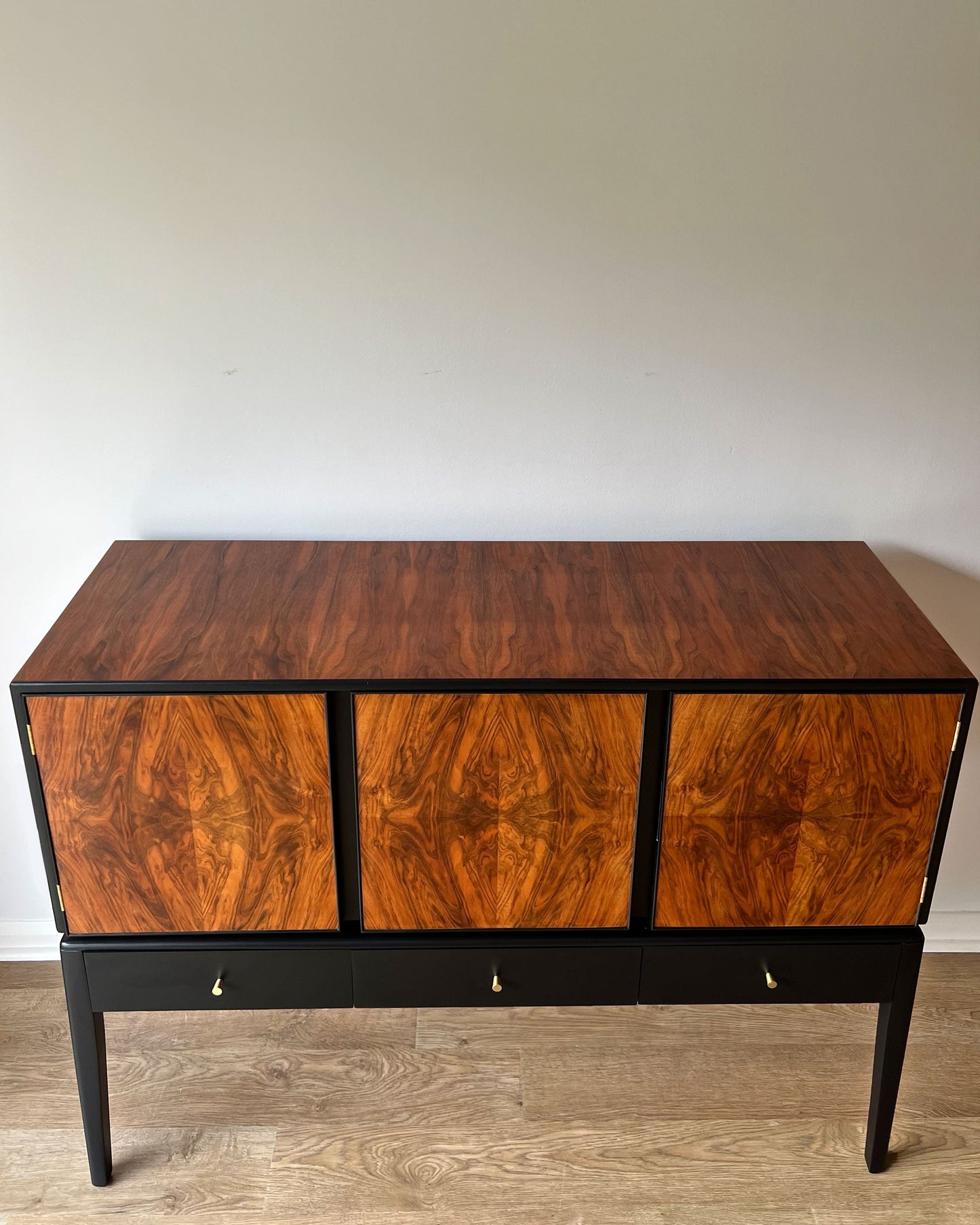 Vintage Mid Century Walnut Black & Brass Sideboard