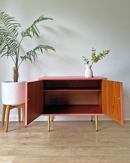 Gucci Pink Herons Vintage Mid-Century G Plan Fresco Small Sideboard Vinyl Cabinet TV Stand