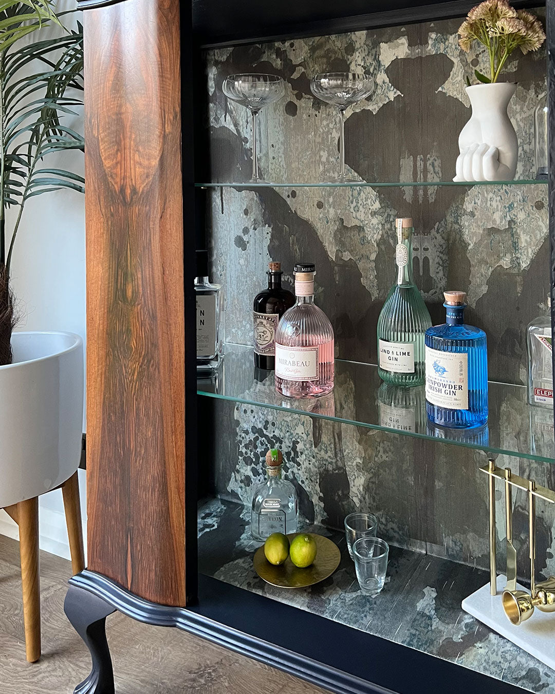 Large Vintage Walnut Display Glass Drinks Cabinet - Timorous Beasties Rorschach - ‘The Archivist’